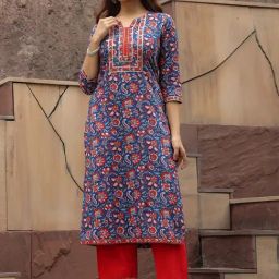 Rain and Rainbow Blue Cotton Floral Print Straight Kurta-image-56