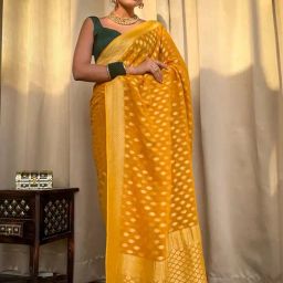 Anjaneya Sarees Yellow Silk Woven Saree With Unstitched Blouse-picture-30