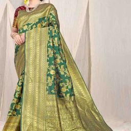SHUBHKALA Green Silk Woven Saree With Unstitched Blouse-image-0