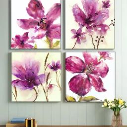 Art Street Fuchsia Canvas Unique Watercolor Floral Wall Painting - Set of 4-0
