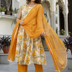 EthniFlair Floral Printed Panelled Pure Cotton A-Line Kurta With Trousers & Dupatta-picture-38