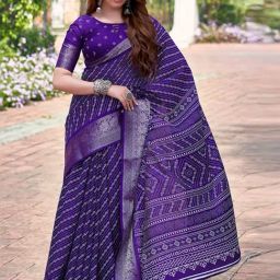 Satrani Purple Printed Saree With Unstitched Blouse-picture-7