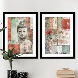 Art Street Gray Wood Vintage Japanese Buddha Wall Art Painting - Set of 2-16