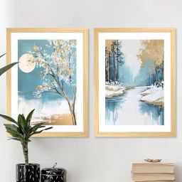 Art Street Blue Wood Watercolor Wall Art Painting - Set of 2-4