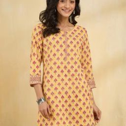 Fabindia Yellow Printed Three-Quarter Sleeves Kurta-picture-19