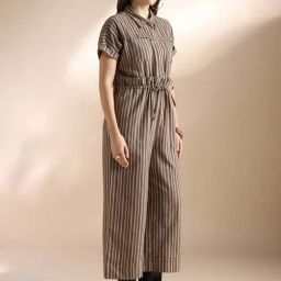 Globus Women Brown Striped Extended Sleeves Collared Neck Waist Tie-Ups Wide Leg Jumpsuit-picture-13