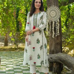 Rain and Rainbow White & Green Cotton Printed A Line Kurta-picture-25
