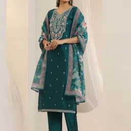Libas Teal Embroidered Kurta and Pant with Dupatta-image-33