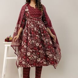 BAIRAJ Women Floral Printed Regular Gotta Patti Kurta with Trousers & With Dupatta-picture-31