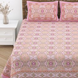 Desi Mantra White & Pink Floral 120 TC Queen Bedsheet with 2 Pillow Covers-image-87