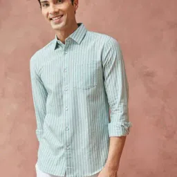 Fabindia Green Cotton Blend Straight Fit Stripes casual shirt-image-66
