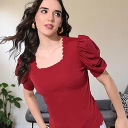 BAESD Women Puff Sleeve Laser Cut Fitted Top-picture-20