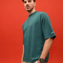glitchez Teal Essentials Printed Detail Drop-Shoulder Short Sleeves Terry Oversized Sweatshirt-image-34
