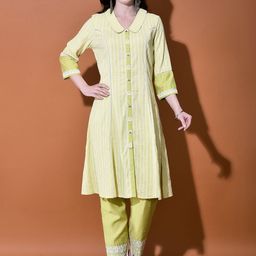 FFU Women Striped Regular Thread Work Kurta with Trousers-53