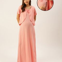 Nejo Half Sleeves Polka Dot Printed Layered Maternity Night Dress - Peach-image-62