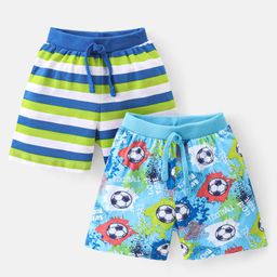 Babyhug Cotton Single Jersey Knit Shorts Stripes & Football Print Pack Of 2 - Blue & Green-picture-12