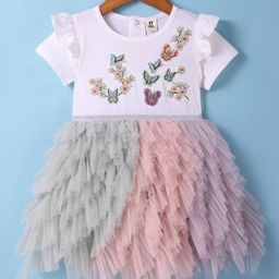 ToffyHouse 100% Cotton Woven Half Sleeves Ruffle & Frill Party Frock with Frill Detailing & Butterfly Embroidery - White Green & Pink-image-37