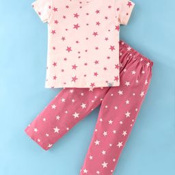 Teddy Sinker Knit Half Sleeves Night Suit With Star Print - Pink-picture-40