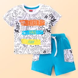 Babyhug Single Jersey Knit Half Sleeves T-Shirt & Short Set with Text Print - Blue & White-image-8