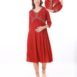 Bella Mama Woven Three Fourth Sleeves Floral Embroidered  Yoke Maternity Kurta with Pockets - Maroon-picture-14