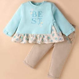 ToffyHouse Fleece Winter Wear Full Sleeves Top & Leggings Set with Frills & Floral Print - Tan Light Blue-image-92