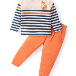 Babyhug Cotton Knit Full Sleeves Striped T-Shirt & Lounge Pants Set With Fox Applique - Orange-image-70