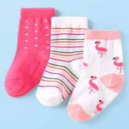 Cute Walk by Babyhug Knit Ankle Length Socks With Flamingo & Polka Dot Design Pack of 3 - White & Pink-image-83