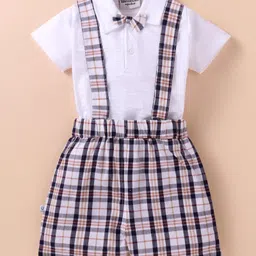 Wonderchild Half Sleeves Solid Tee With Checked Shorts & Bow - Grey-picture-0