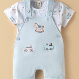 ToffyHouse Cotton Knit Dungaree & Half Sleeves Inner Tee With Toy Print & Embroidery - Light Blue & White-image-7