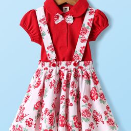 ToffyHouse Cotton Knit Puffed Sleeves Peter Pan Collar Tops & Skirt with Floral Print with Bow Applique - White & Red-image-42