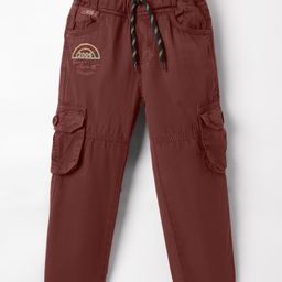 Olio Kids Cotton Woven Full Length Trousers With Cargo Pockets & Text Embroidery - Burgandy-image-98