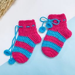 Little Peas Handmade Broad Striped Woollen Socks - Dark Pink & Light Blue-image-51
