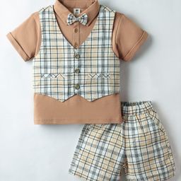 ToffyHouse Cotton Woven Half Sleeves Polo T-Shirt & Shorts Set With Checks Waistcoat & Bow - Tan-image-56