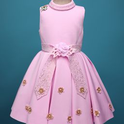 Enfance Sleeveless Floral Applique Detailed Shimmered Pleated Knee Length Dress - Pink-image-81