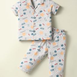 Teddy Sinker Knit Half Sleeves Co-Ord Night Suit With Text Print - Light Grey-image-72