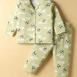 Little Darlings Interlock Knit Full Sleeves Panda & Polka Dots Printed Front Open Co-Ords Night Suit - Light Green-picture-46