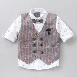 Dapper Dudes Full Sleeves Abstract Printed Shirt With Bow & Striped Waistcoat - Light Grey-picture-3
