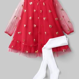 Babyhug Cotton Woven Full Sleeves Foil Printed Frock With Leggings - Red-image-87