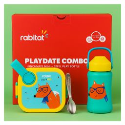 Rabitat Playdate Squad Combo Lunchmate Mini & Stailess Steel Play 3.0 Sipper Bottle with Fox Print - Sea Green-image-0