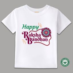 BLUSHES 100% Cotton Knit Raksha Bandhan Theme Half Sleeves Happy Raksha Bandhan Text Printed Tee - White-image-99