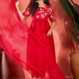 Sangria Floral Yoke Design Empire Thread Work Cotton Anarkali Kurta With Trouser & Dupatta-picture-45