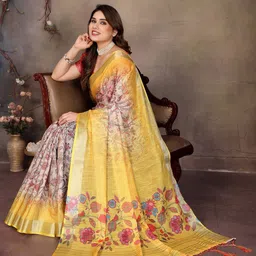 Shriyangan Ethnic Motifs Zari Pure Linen Block Print Saree-54