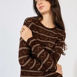 Styli Women Striped Open Knit Pullover Sweater-16