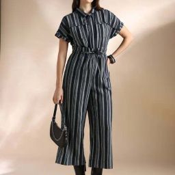 Globus Women Navy Blue Striped Extended Sleeves Collared Neck Waist Tie-Ups Wide Leg Jumpsuit-picture-14