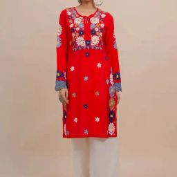 House of Kari Falak Kashmiri In Red Muslin With Aari Long Kurta-picture-19
