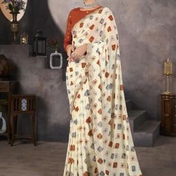Satrani Cream Georgette Embroidered Saree With Unstitched Blouse-image-78