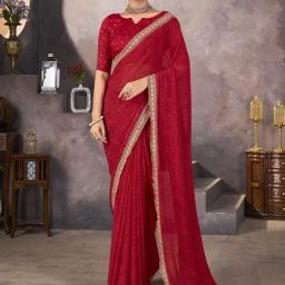 Satrani Red Georgette Embroidered Saree With Unstitched Blouse-picture-23
