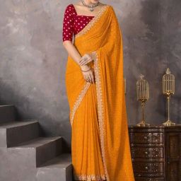 Satrani Yellow Georgette Embroidered Saree With Unstitched Blouse-image-52