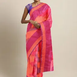 Kalakari India Coral & Pink Silk Ikkat Print Saree With Unstitched Blouse-image-56