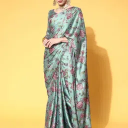 Blissta Sea Green Floral Print Saree With Unstitched Blouse-14